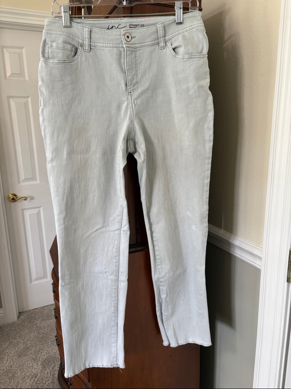 *INC Light Denim Wash Straight-Leg Frayed Hem Stretch Cropped Jeans Summer BOHO